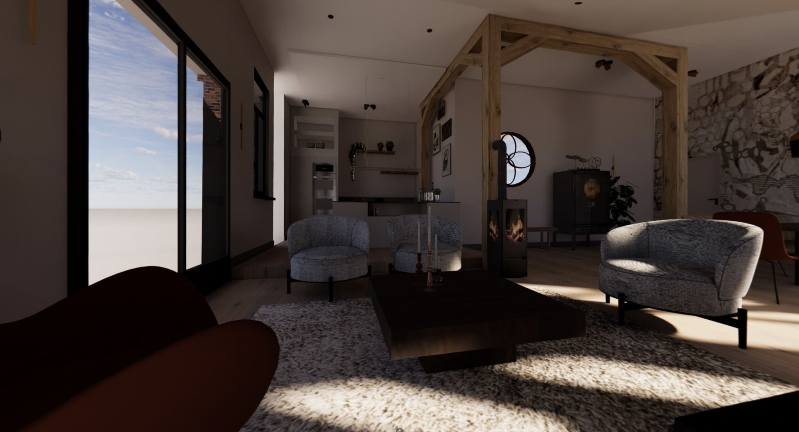 3D plattegrond met meubels en haard - milia interieur design